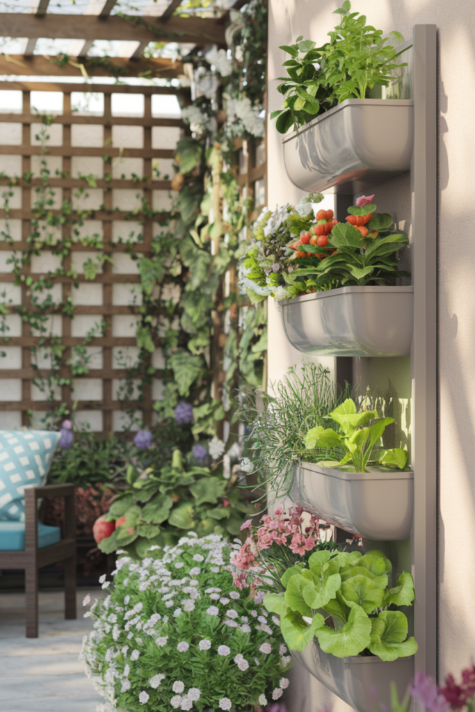 Vertical garden with various pots with flowers, herbs and greens