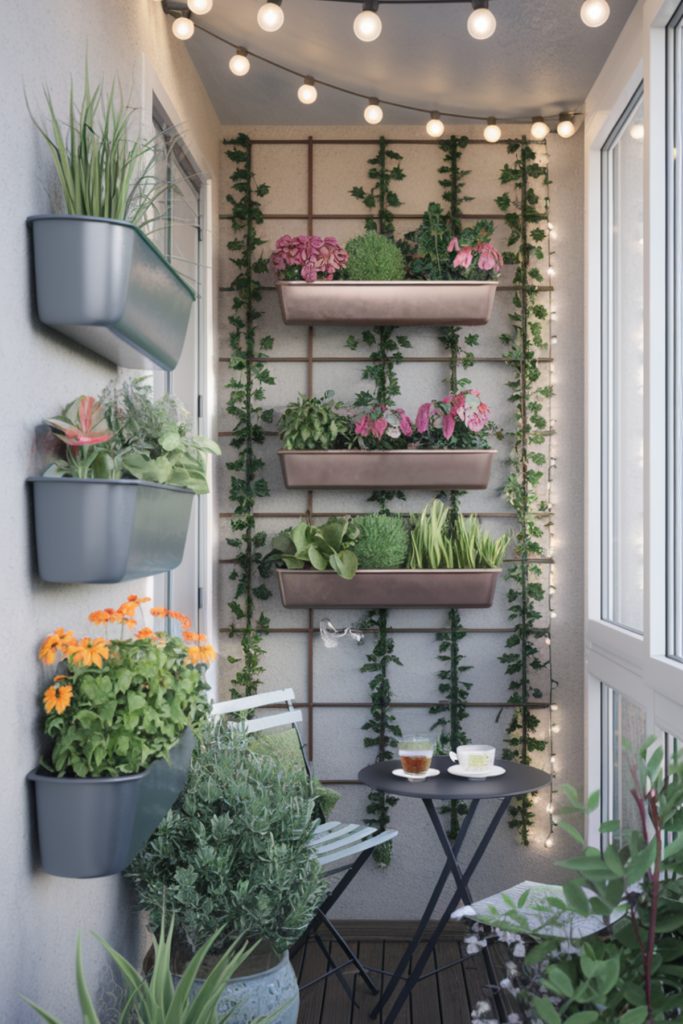 Wall plant hangers and trellises  showing different plants and flowers on a balcony