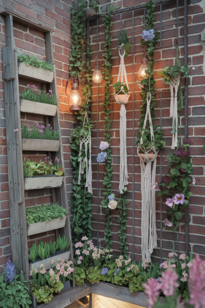 Vertical garden with pot holders and a latter converted into a planter
