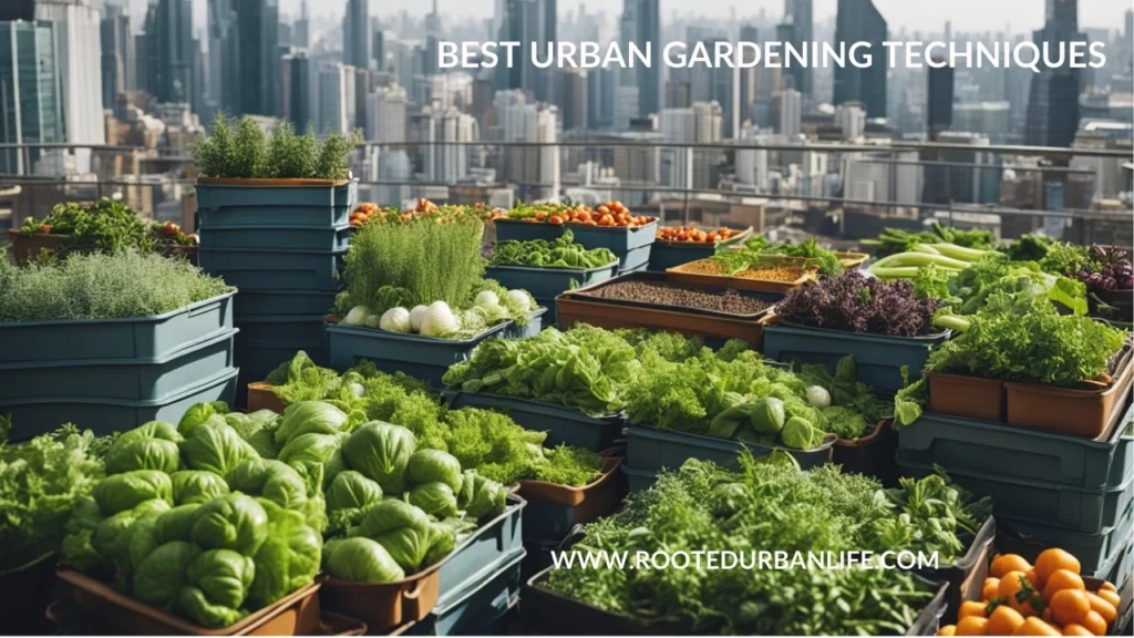 Vegetables growing in containers on a rooftop in the city