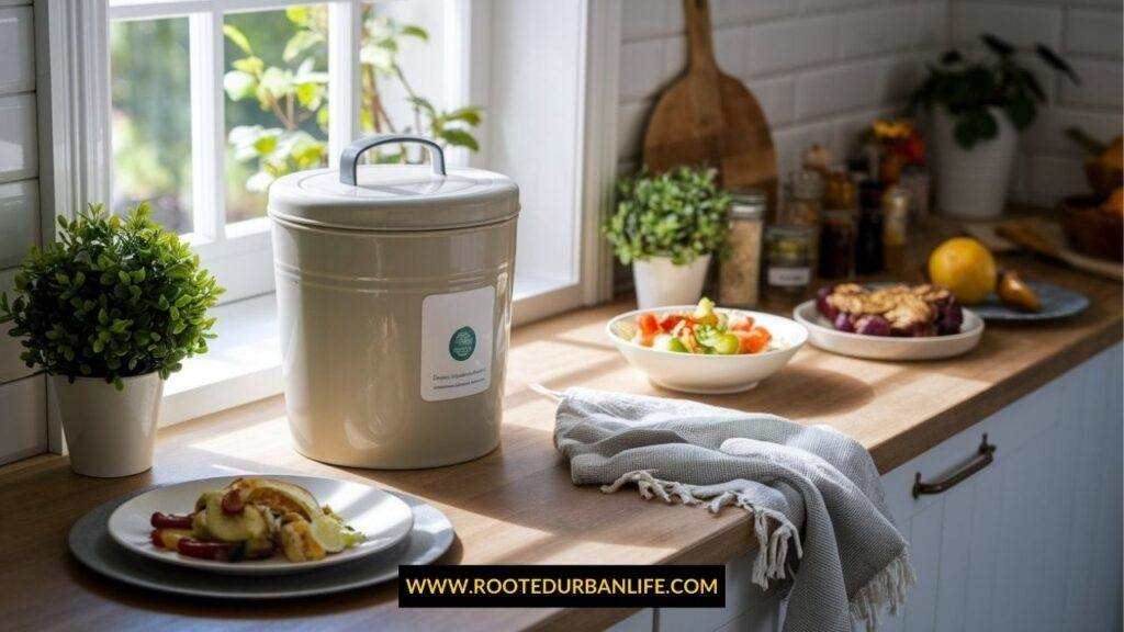 Compost binm plates, a potted plant on a kitchen counter in front on a window