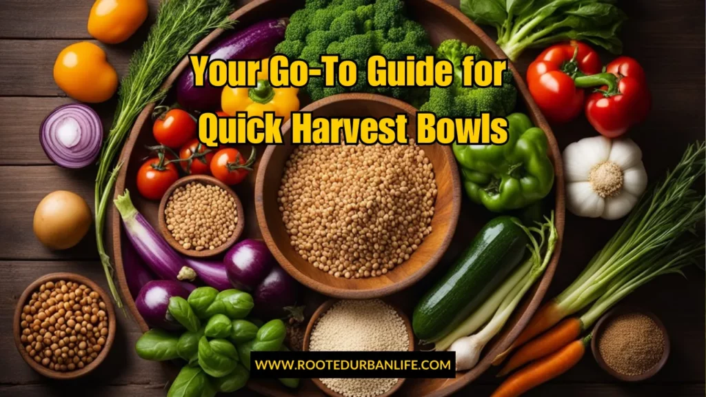 A harvest bowl made of pulses and fresh vegetables on a table