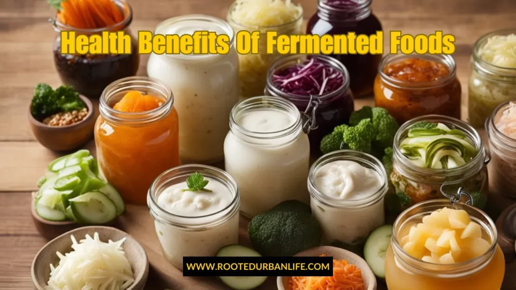 Jars with various fermented foods and sauces on a wooden table