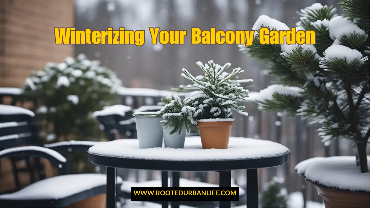 Pots of evergreen plants on a table on a balcony in w inter showing how to winterize the balcony garden
