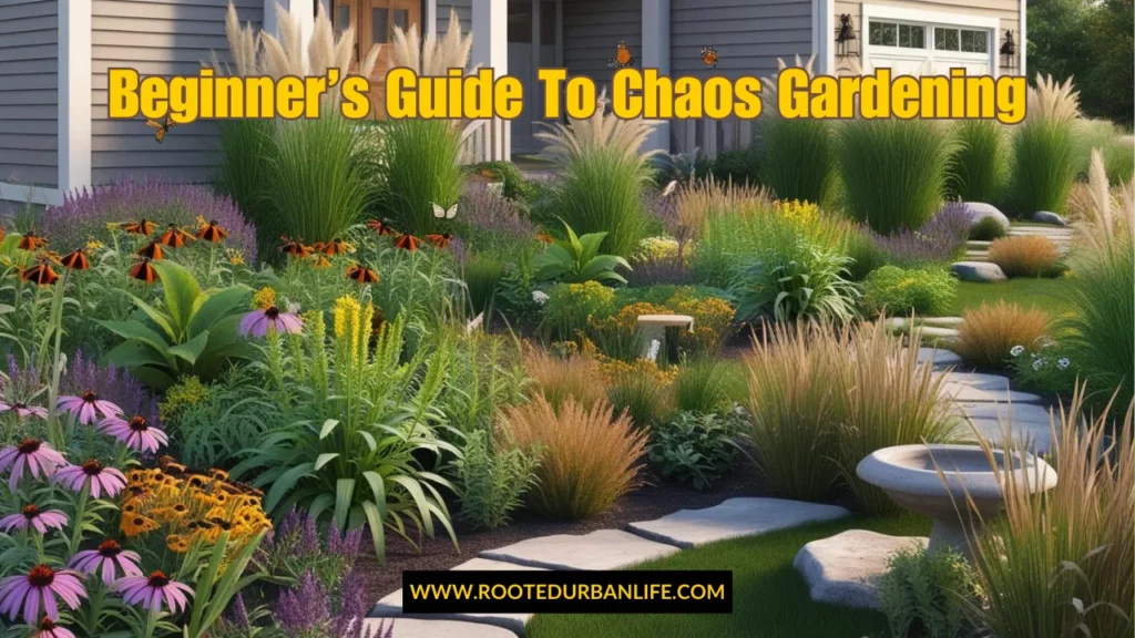 Suburban garden with many native plants and a stone walkway