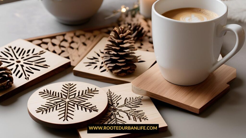 A set of engraved handmade wooden coasters with festive designs, placed on a coffee table with Christmas decorations like pine cones and lights.