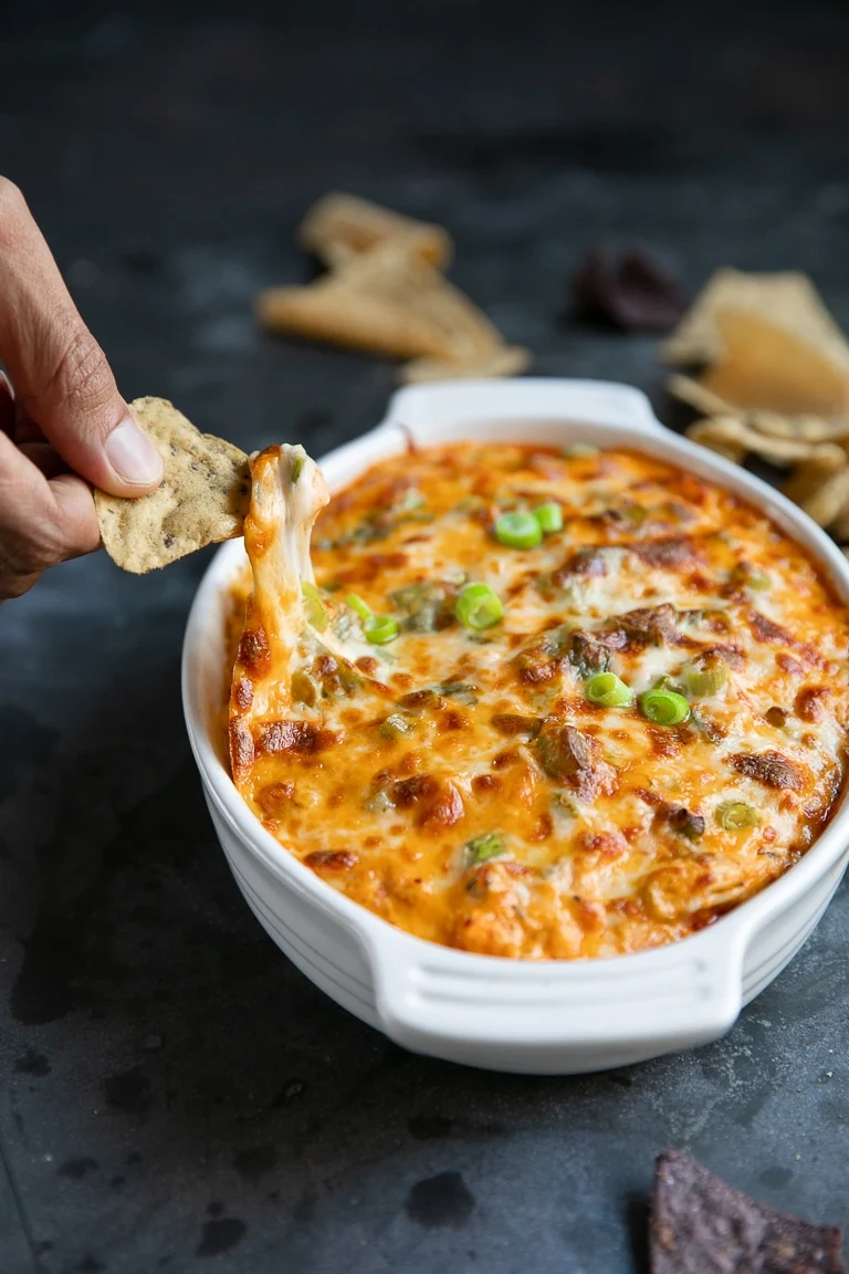 Close-up of a bowl of buffalo chicken dip