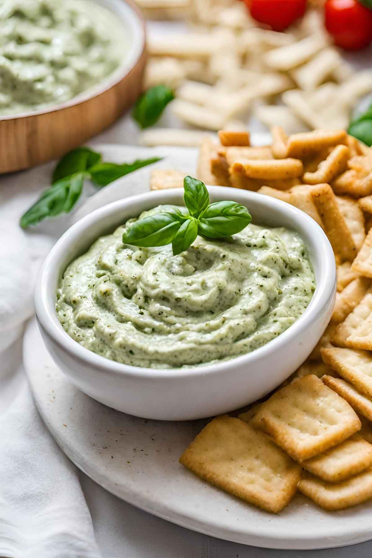 Herb pesto dip in a bowl with crackers on a plate