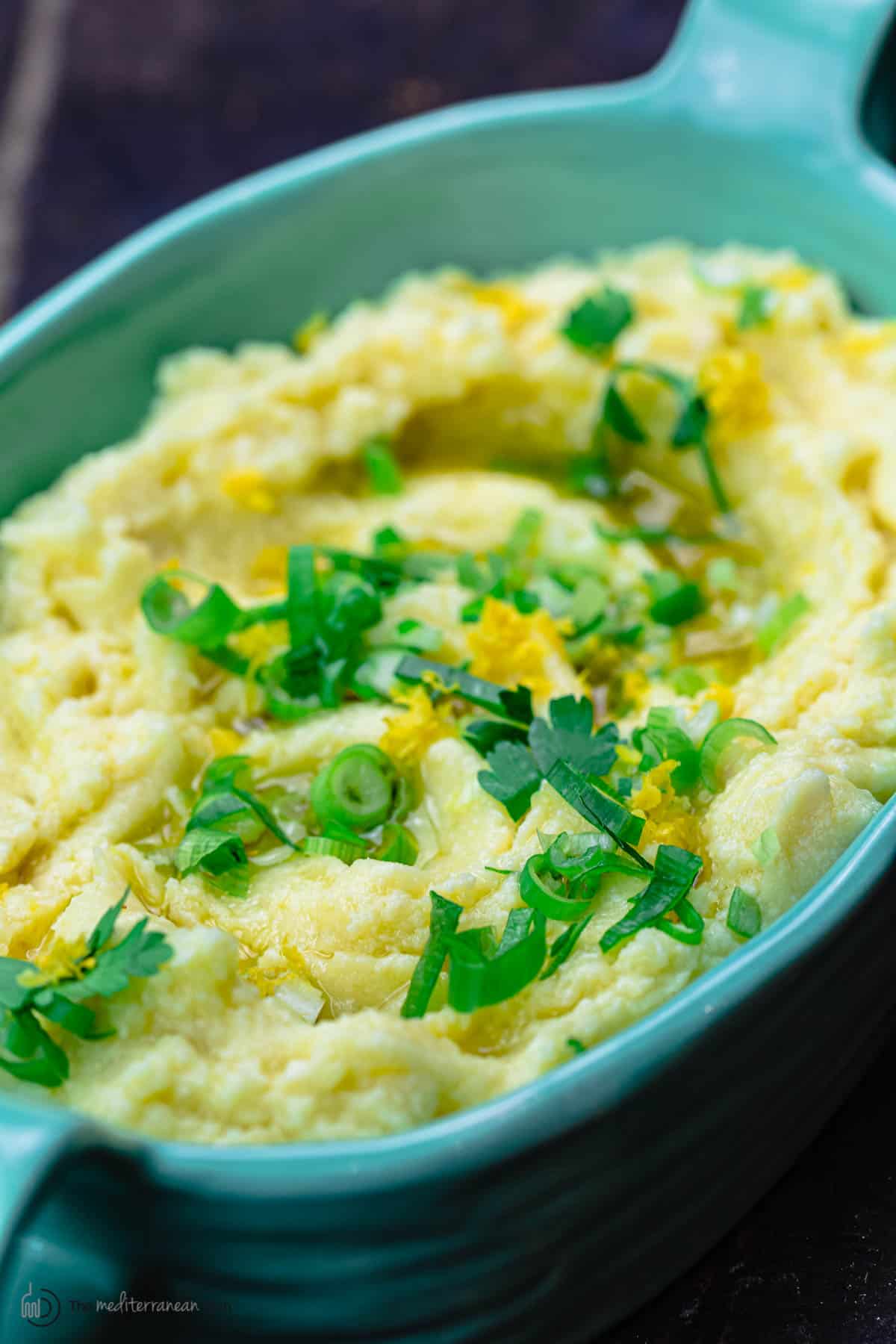 Close-up of a bowl of skordalia dip
