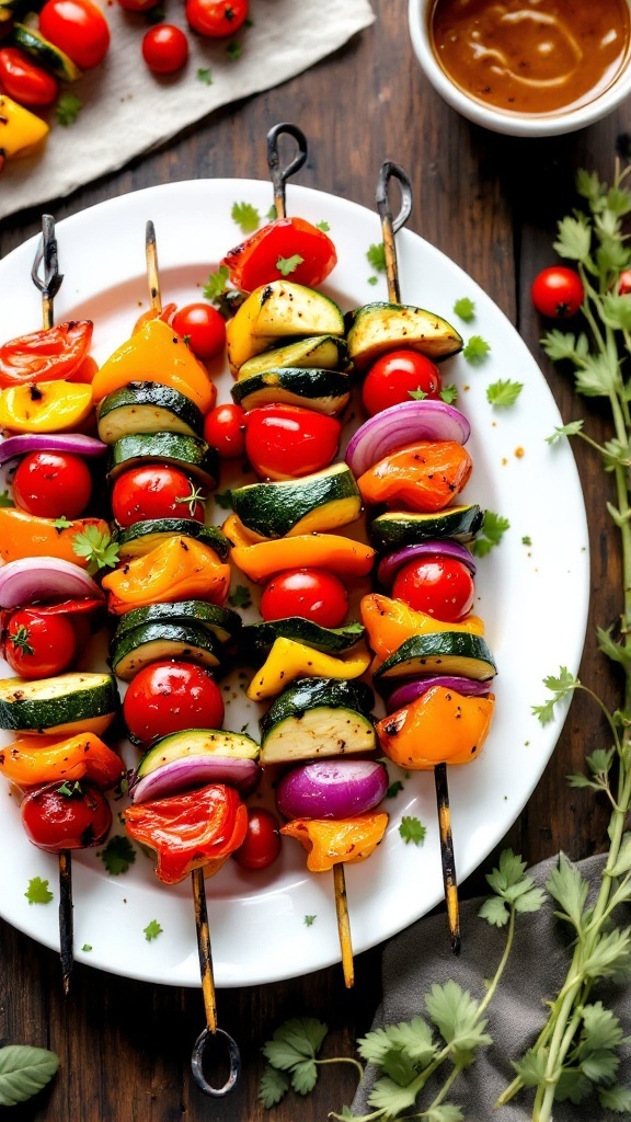 Roasted Vegetables Skewers on a white plate 