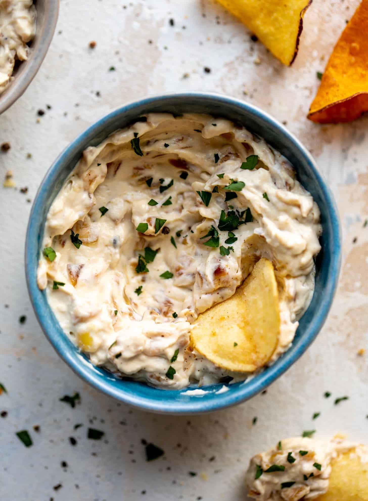 A bowl with caramelized onion dip