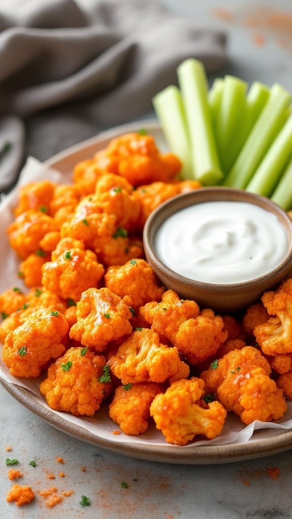 Cauliflower Buffalo Wings on a plate with a dip and vegetable sticks