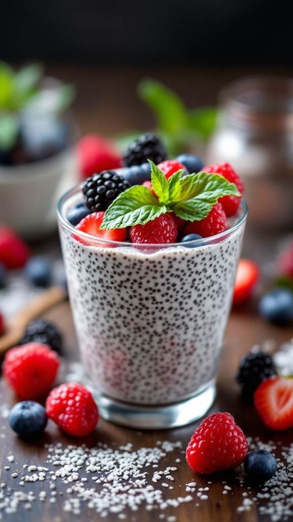 A glass with chia pudding and berries on a table