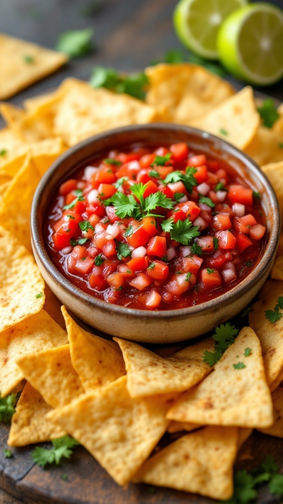 Bowl of fresh salsa with crispy baked tortilla chips, garnished with cilantro on a rustic table.