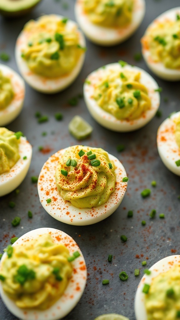A close-up of avocado deviled eggs garnished with paprika and chives.