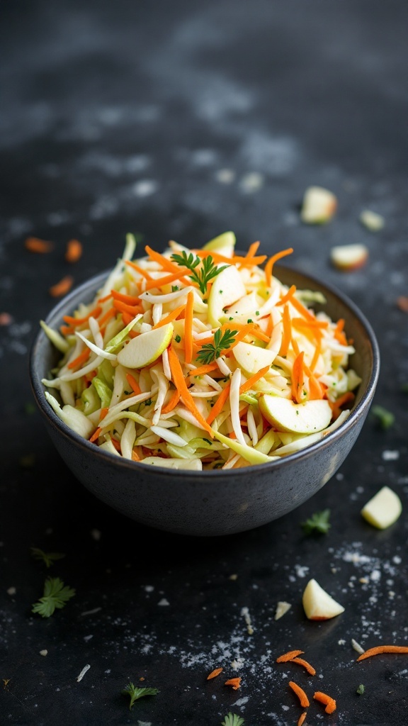 Bowl of cabbage slaw with apple and carrots