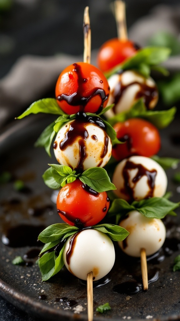 Mini Caprese skewers with cherry tomatoes, mozzarella, and basil drizzled with balsamic glaze.