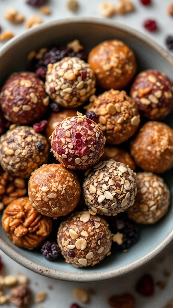 A bowl filled with colorful fruit and nut energy bites.