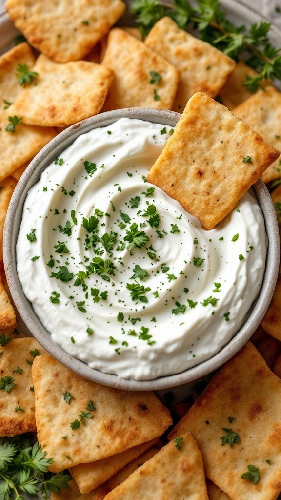 A bowl of Greek yogurt dip topped with parsley, surrounded by crispy pita chips.