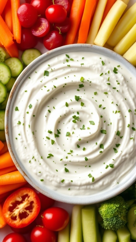 A bowl of Greek yogurt ranch dip surrounded by fresh vegetables like carrots, cucumbers, and cherry tomatoes.
