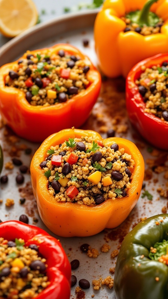 Colorful quinoa stuffed peppers filled with vegetables and spices.