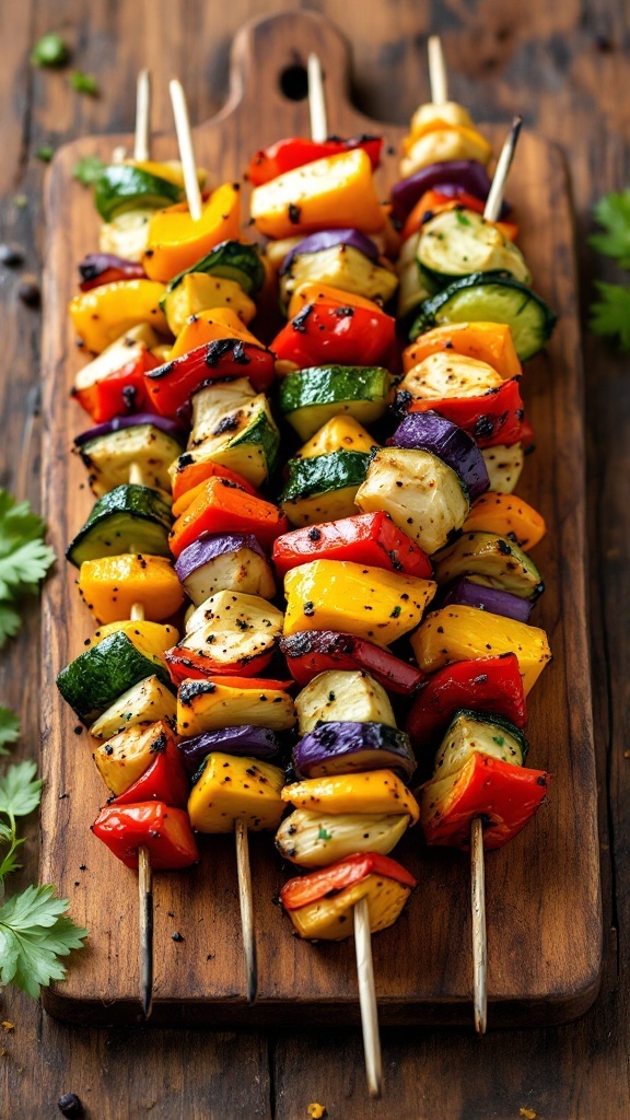 Colorful roasted vegetable skewers on a wooden board.
