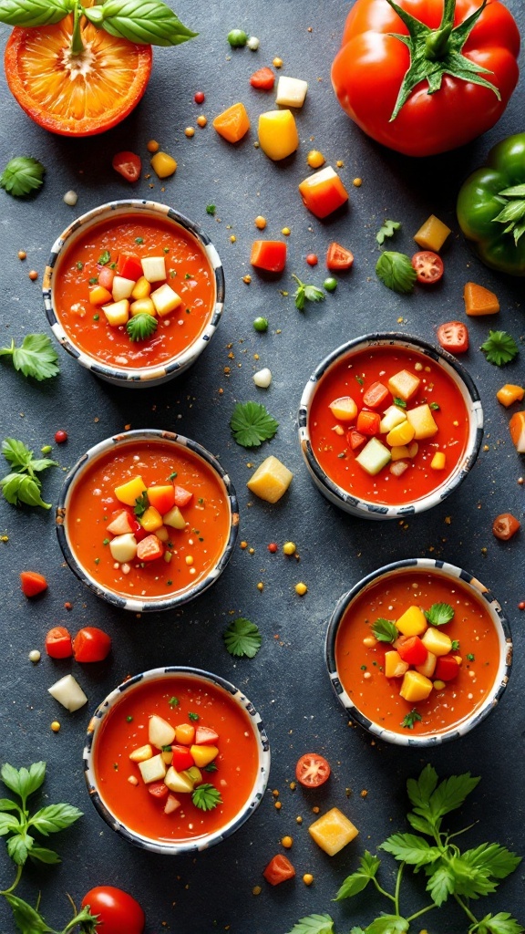 Chilled gazpacho shots served in bowls with fresh veggies and herbs on a dark background.