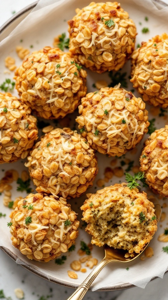 savory oatmeal bites on a ceramic plate on the table