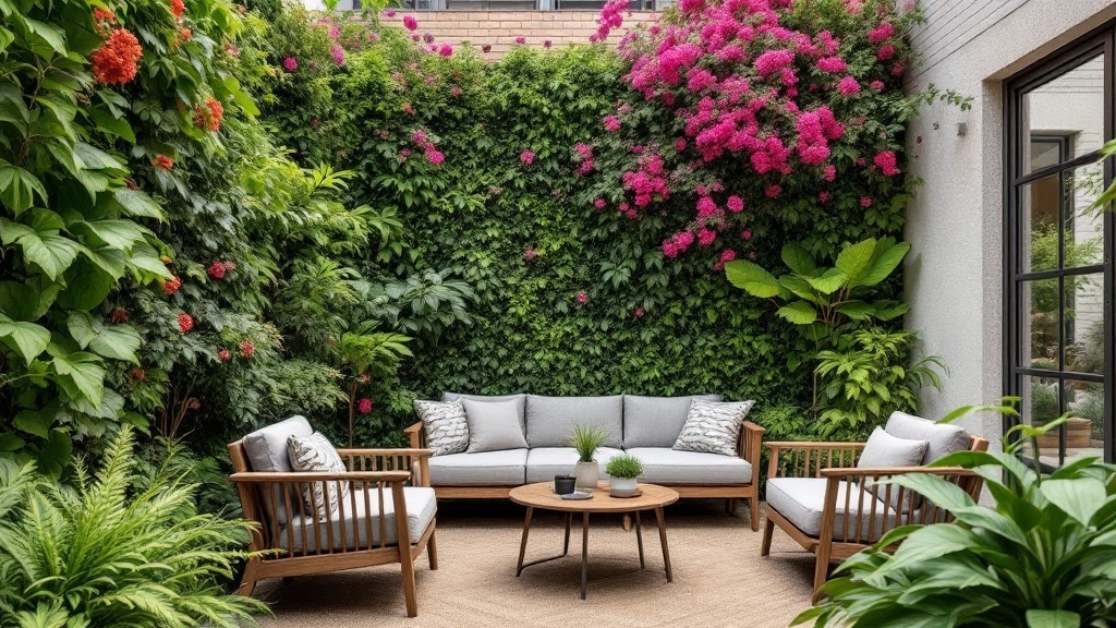 Patio area elegantly styled and private surrounded by green walls