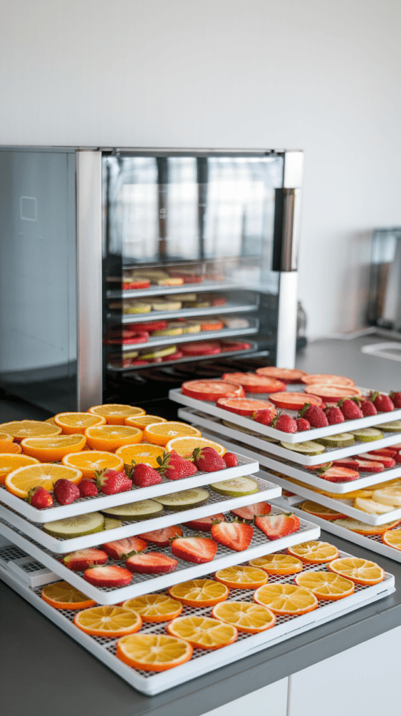Trays with sliced food prepared for dehydration